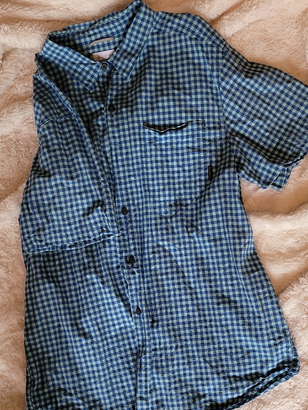 Columbia Blue Checked Short Sleeve Button-Up Shirt
